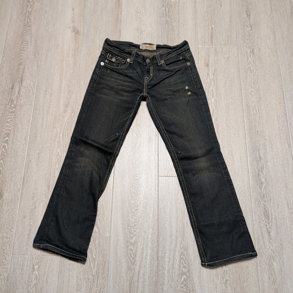 MEK DENIM Santiago Low Rise Straight Jeans Women 31x28 Dark Wash Flap Pockets